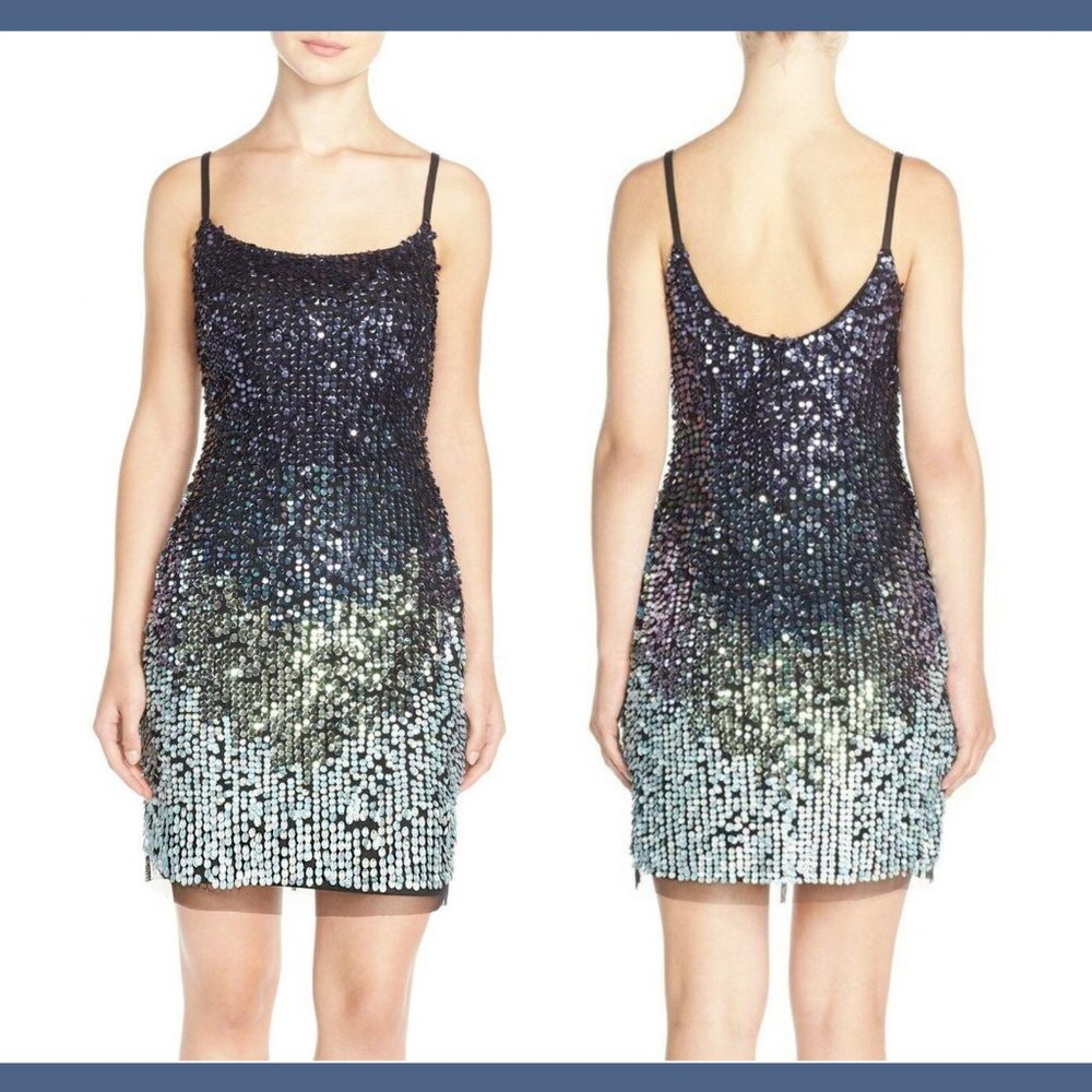 NEW $249‎ Adrianna Papell Ombre Sequin Slipdress in Black Blue Green [SZ 4 ]